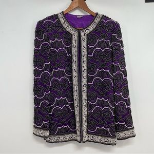 Vintage Womens Jacket Purple Size Medium Open Beaded With Patch Details Silk